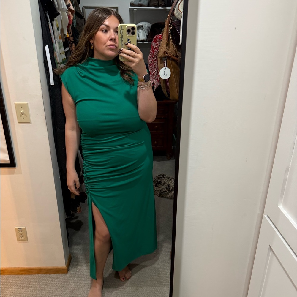 Anthopologie mock neck Green Sleeveless Dress with thigh slit